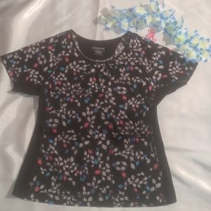 Cherokee women's scrubs top, black with colored leaves, large